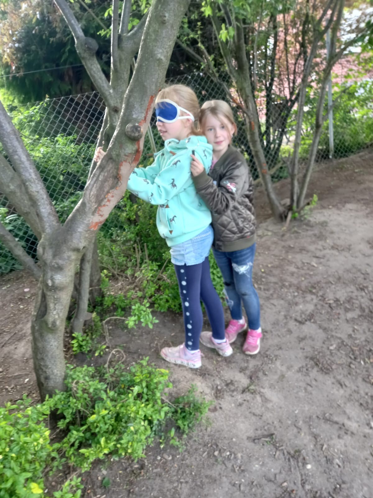 Zwei Kinder stehen vor einem Baum. Ein Kind hat eine Augenbinde auf und ertastet den Baumstamm. Das andere Kind führt.